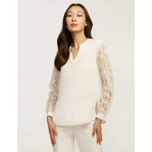 MSRP $99 Women's ANNE KLEIN Lace Long Sleeve Blouse in Anne White Size S